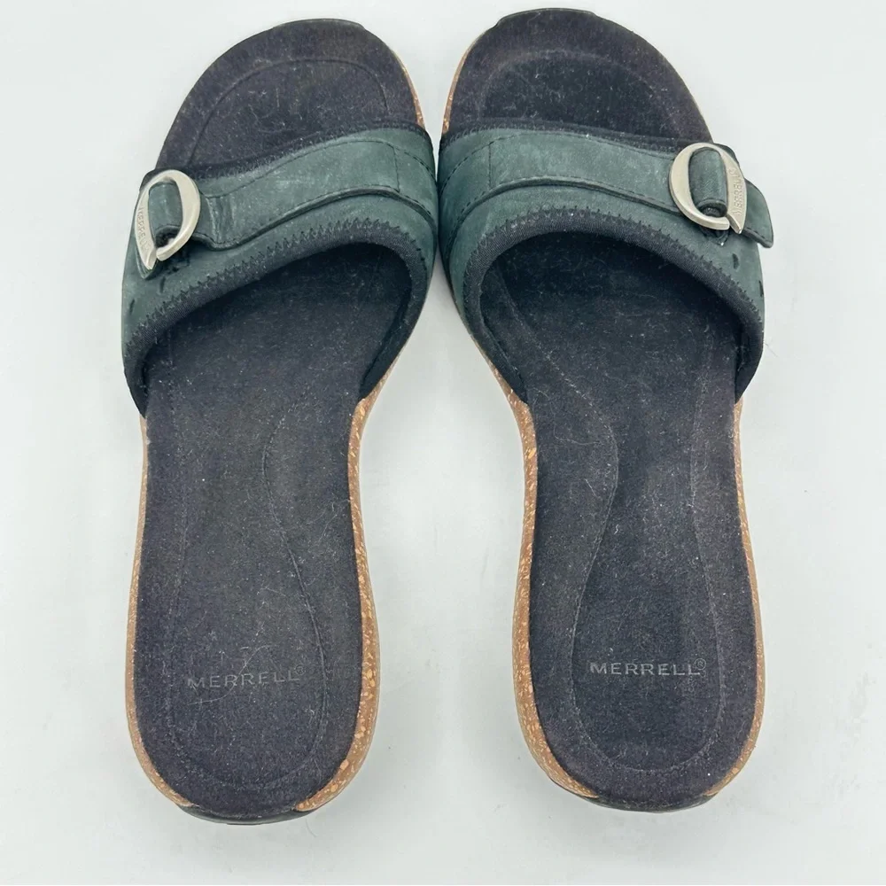 Merrell Sundial Black Leather Slide Cork Wedge Sandals